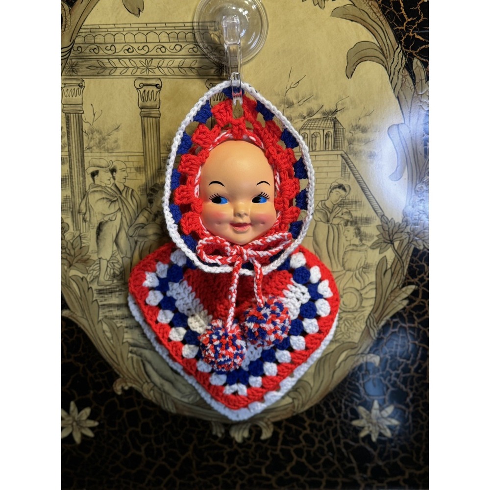 Kewpie Doll Crochet Potholder Set | Handmade Red White & Blue | Americana
